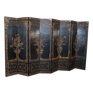 Vintage Chinoiserie Black Lacquer 8 Panel Folding Screen Room Divider 144" For Sale