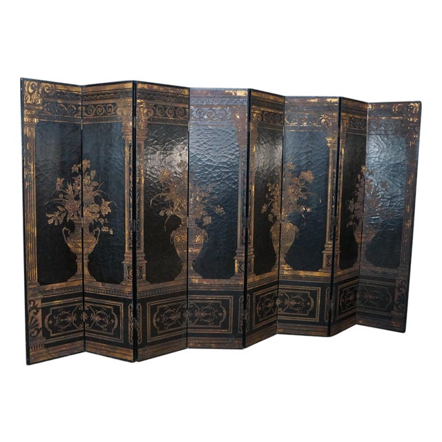 Vintage Chinoiserie Black Lacquer 8 Panel Folding Screen Room Divider 144" For Sale