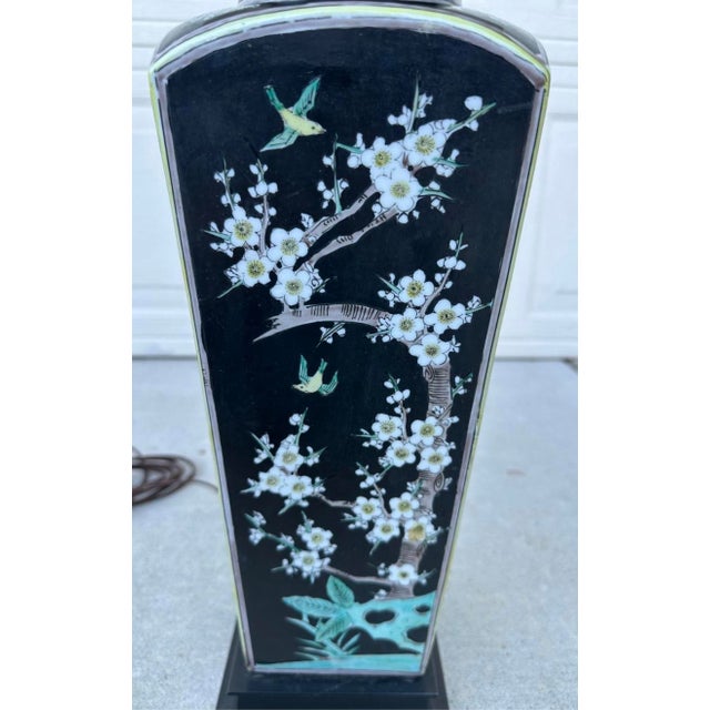 Chinese Antique Large Chinese Famille Noire Square Porcelain Vase Table Lamp 36" For Sale - Image 3 of 18