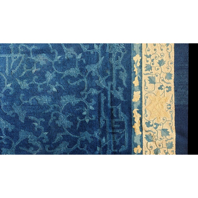Chinese Stunning Royal Blue Background and Beige Border Color With Matelasse Pattern Antique Chinese Peking Carpet For Sale - Image 3 of 12