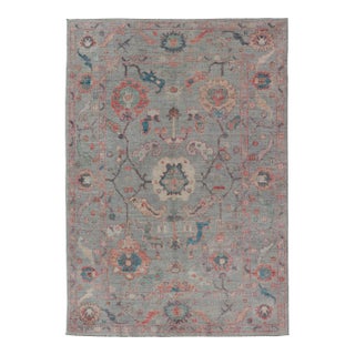 Modern All-Over Floral Oushak With a Light Blue-Gray Background and Multi-Color Rug For Sale