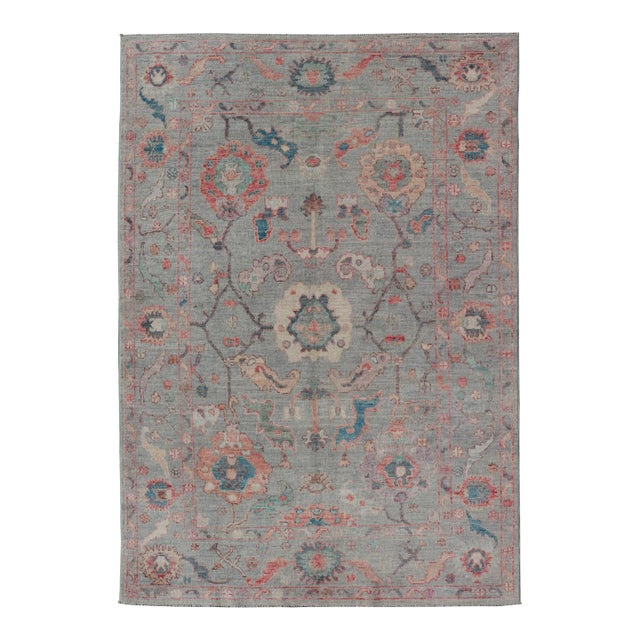 Modern All-Over Floral Oushak With a Light Blue-Gray Background and Multi-Color Rug For Sale