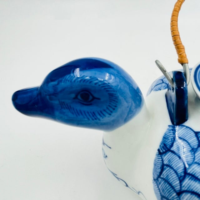 Vintage Blue and White Chinoiserie Ceramic Duck Teapot With Rattan Wrapped Handle For Sale - Image 4 of 10