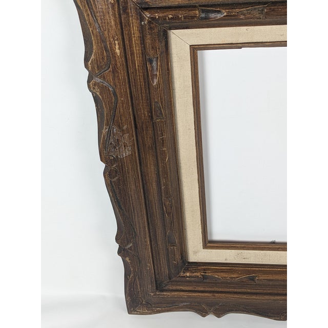 French Country Vintage Carved Dark Brown Wood Picture Frame With Cream Linen Liner For Sale - Image 3 of 13
