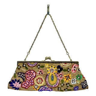 1960s Vintage Art Nouveau Boho Chic Hollywood Regency Hand Beaded Evening Bag Clutch For Sale