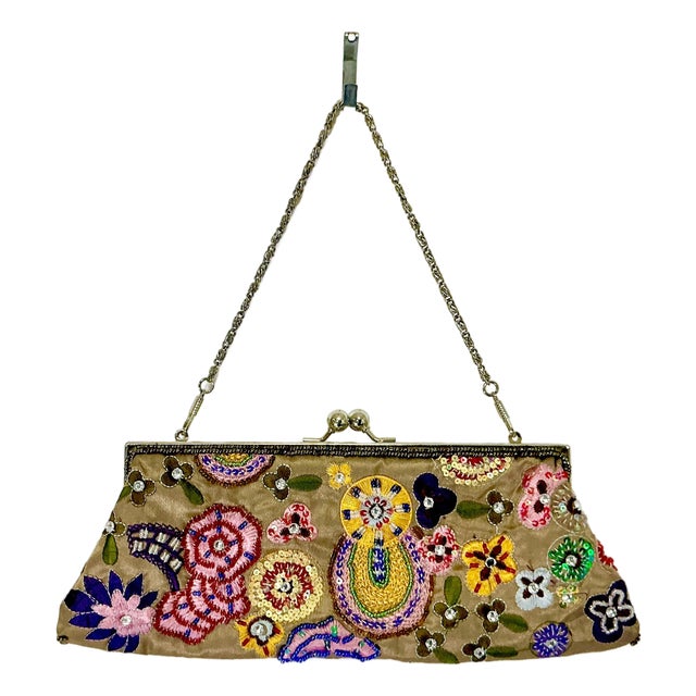 1960s Vintage Art Nouveau Boho Chic Hollywood Regency Hand Beaded Evening Bag Clutch. For Sale