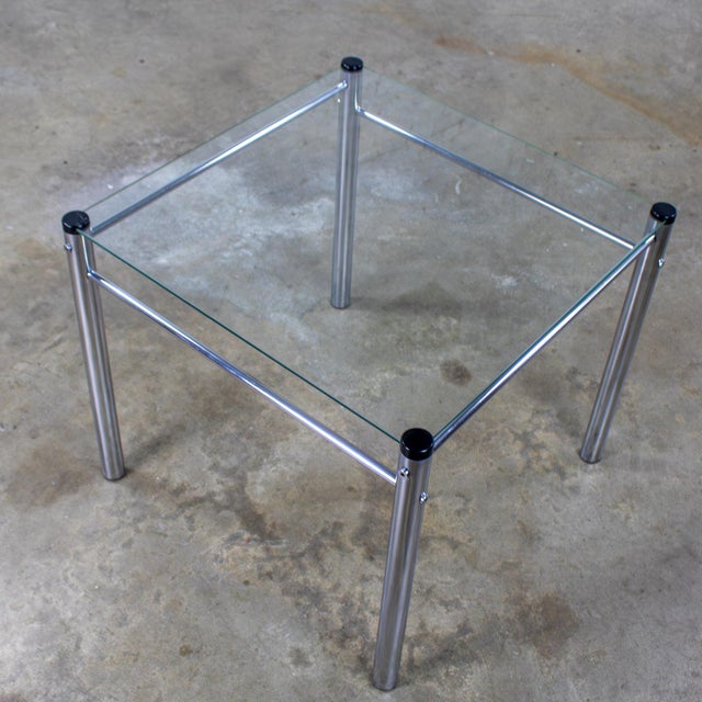 1970’s Modern Square End or Side Table by James David Cylindrical Chrome Tube Frame & Glass Top For Sale - Image 14 of 18