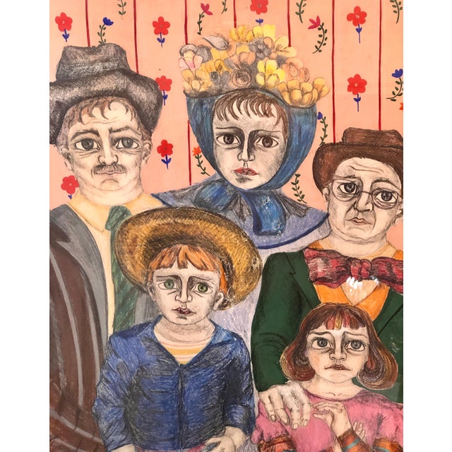 Folk Art Maria Teresa Vieco, Latin American Folk Art Family Portrait Colombian Naive Painting, Color Drawing, 1975 For Sale - Image 3 of 10