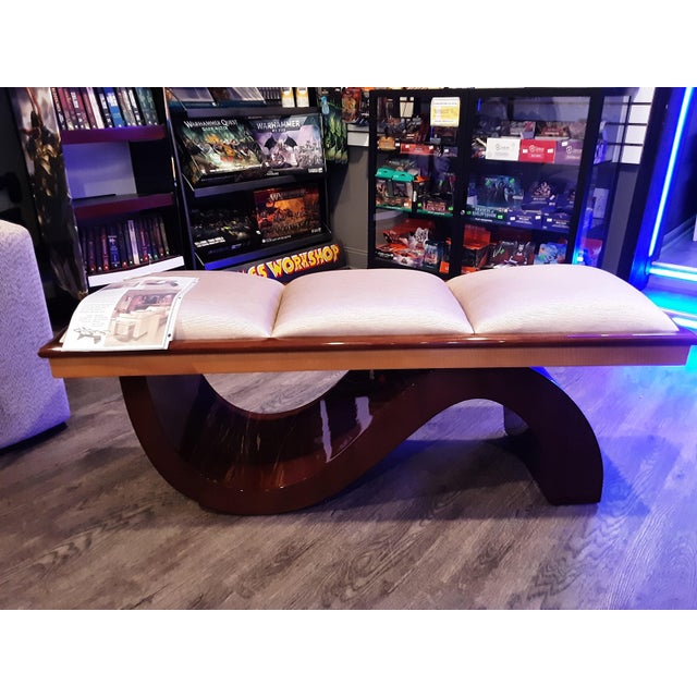 Art Deco Style bench by Jaime Perczek out of Dania Florida. Beautiful vaneer base in 3 shades. 3 Shiny light tan...