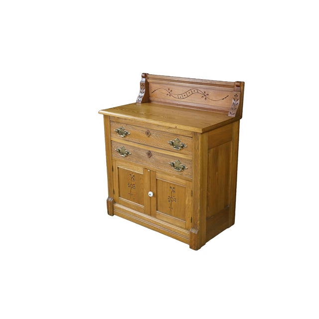 Victorian Antique Victorian Eastlake Carved Oak Parlor Cabinet Washstand Commode Chest 30" For Sale - Image 3 of 18