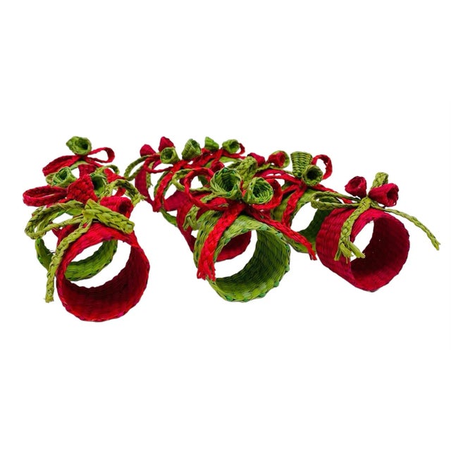 Hollywood Regency Vintage Wicker Christmas Red & Green Napkin Rings Each With Bow & Bells Set of 12 For Sale - Image 3 of 9