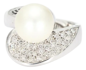 18k White Gold Bypass Ring With Pearl Center & Diamond Accents - Size 4
