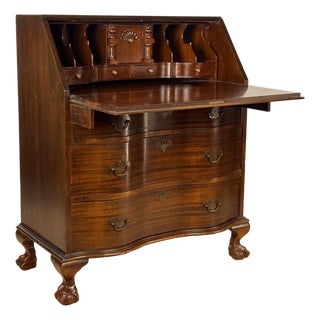Antique Chippendale Mahogany Oxbow Drop Front Secretary Desk For Sale