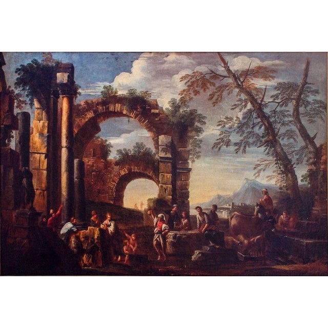 Roman Ruins with Figures - Original Oil On Canvas by Giovanni Ghisolfi Second Half of 17th Century For Sale - Image 3 of 4