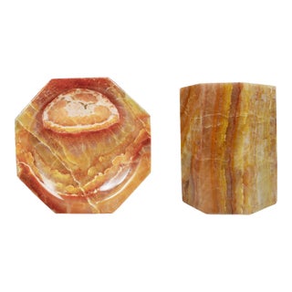 Mid 20th Century Octagon Shape Carved Solid Stone Brush Holder and Dish Soap Bathroom Accessories - 2 Pieces For Sale