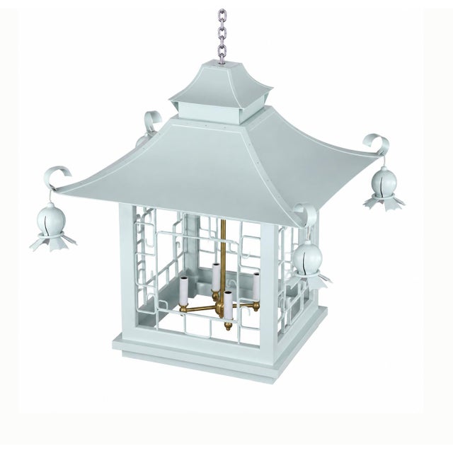 Vintage Chinoiserie Light Blue Iron Four-Lamp Pagoda Chandelier For Sale - Image 10 of 11