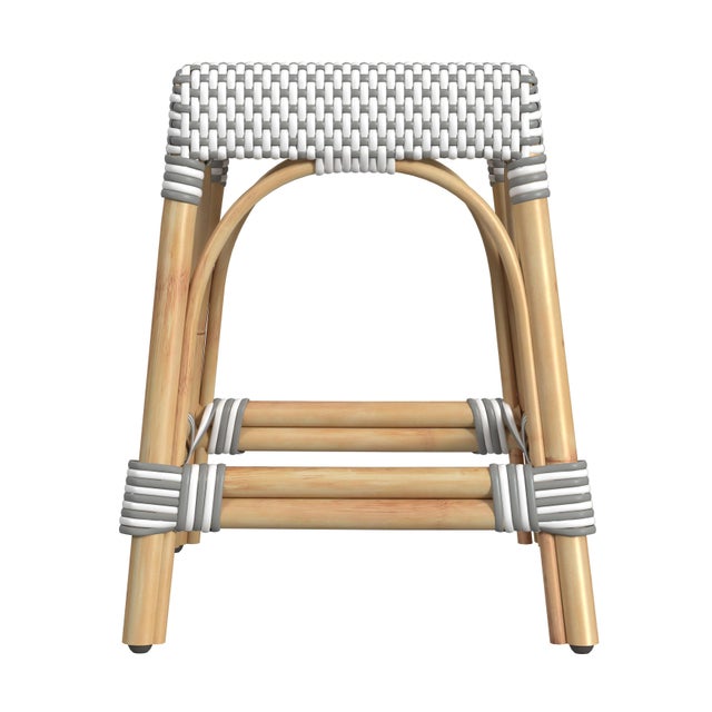 2020s Robias 18 in. Seat Height Rectangular Rattan Low Dining Stool, Gray/White Dot / Natural Rattan Frame For Sale - Image 5 of 7