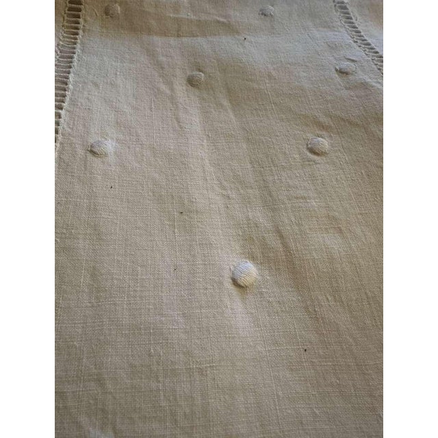 French Antique French Trousseau Linen Sheet Embroidered Dots Ladder Work White Linen Bed Sheet Circa 1920 For Sale - Image 3 of 10