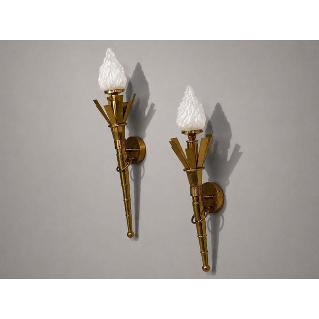 1950s Mid 20th Century Neoclassical, Monumental Torchiere Wall Sconces, Brass, Glass - a Pair For Sale - Image 5 of 12