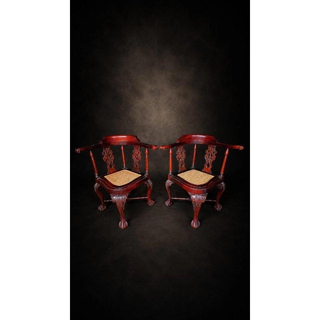 Chippendale Carved Mahogany Corner Chairs with Cane Seats and Cushions, 1890s, Set of 2 For Sale - Image 3 of 9
