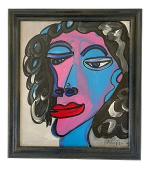 1970s “Marilyn Monroe” Cubist Style Abstract Face Acrylic Painting by Peter Keil, Framed