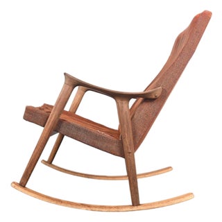 Mid 20th Century Sculptural Teak + Wool Rocking Chair Attributed to Ingmar Relling For Sale