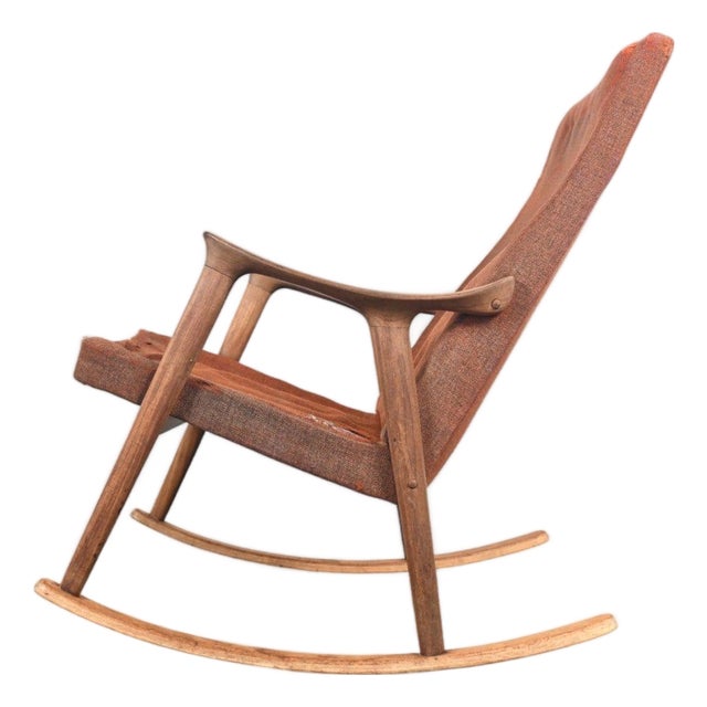 Mid 20th Century Sculptural Teak + Wool Rocking Chair Attributed to Ingmar Relling For Sale