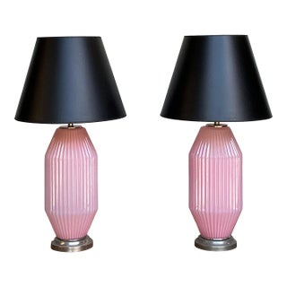 Pair of Italian Mid-Century Ribbed Cyclamen Murano Glass Table Lamps, 1950s For Sale