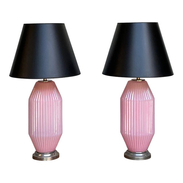 Pair of Italian Mid-Century Ribbed Cyclamen Murano Glass Table Lamps, 1950s For Sale