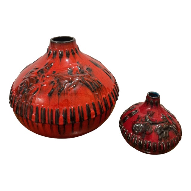Glossy Oxblood Red Vases by Chariot Relief for Jopeko-Keramik, West Germany, 1960s, Set of 2 For Sale