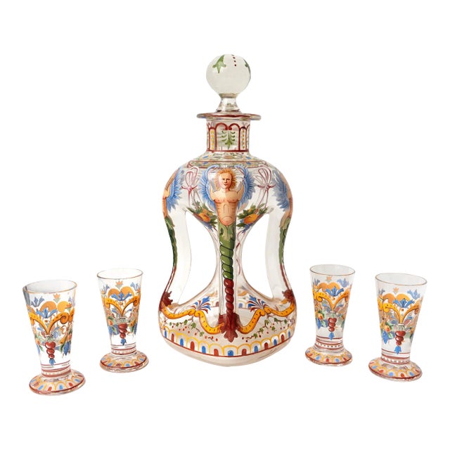Antique Late 19th Century Enamelled Glass Decanter and Glasses by J & L Lobmeyr, Vienna- 5 Pieces For Sale