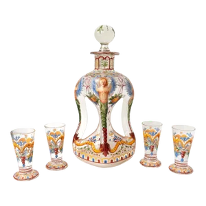 Antique Late 19th Century Enamelled Glass Decanter and Glasses by J & L Lobmeyr, Vienna- 5 Pieces