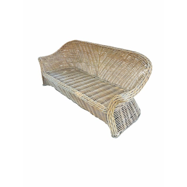 Almond Vintage Coastal Wicker Sofa With Channel-Tufted Cranberry Cushions For Sale - Image 8 of 10