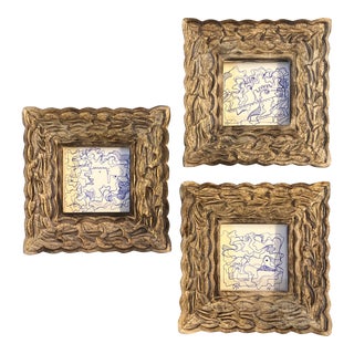 1980’s 3 Original Vintage Small Wayne Cunningham Abstract Blue Ink Drawings Carved Wood Frames-Set of 3 For Sale