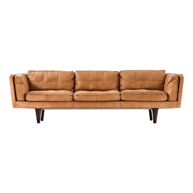 Vintage Sofa in Leather and Rosewood by Illum Wikkelø, 1960s For Sale