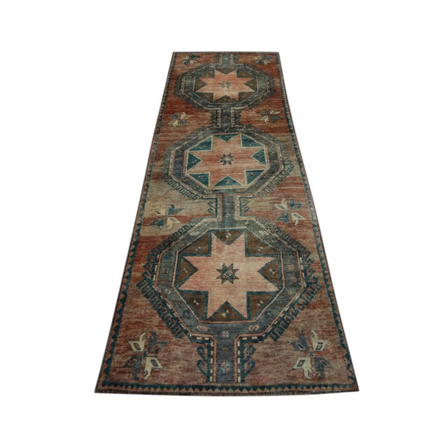 1960s 1960s Red & Blue Geometric Design Handwoven Wool Vintage Turkish Runner 3'3" X 9'9" For Sale - Image 5 of 6