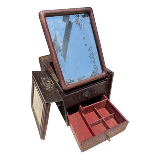 Antique Chinese Painted Wood Jewelry Box With Mirror and Brass Fittings For Sale