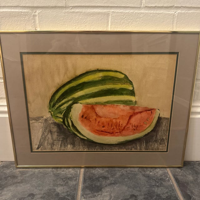 Paint Framed Watermelon Still Life - Original Watercolor or Pastel Painting, Vintage Kitchen Wall Art For Sale - Image 7 of 7