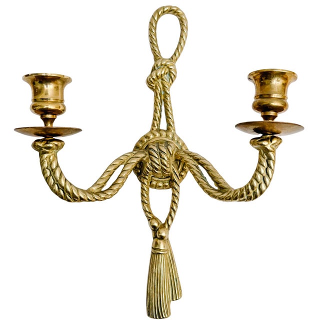 Mid-Century Modern Vintage Andrea by Sadek Brass Rope & Tassel Two-Light Wall Sconces - A Pair For Sale - Image 3 of 10