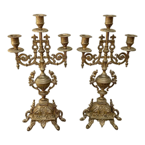 Pair of Antique Italian Gilt Brass Rococo Revival Brevattato 3 Light Candelabra