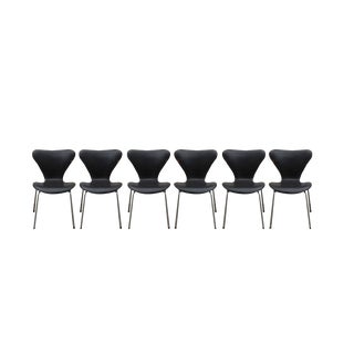 Seven / Sjuan 3107 Chairs in Black Leather by Arne Jacobsen for Fritz Hansen, Denmark, 1967, Set of 6 For Sale