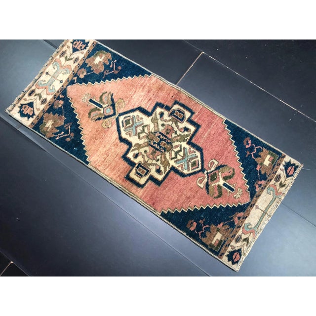 Boho Chic 1960s Traditional Turkish Handmade Orange and Blue Small Rug For Sale - Image 3 of 6