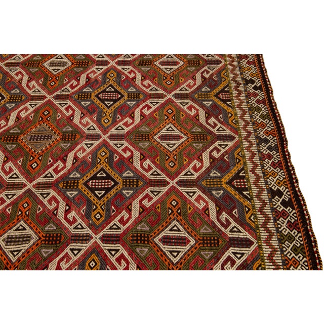 Textile 1960s Vintage Indian Sumack Handmade Brown Geometric Wool Rug For Sale - Image 7 of 9