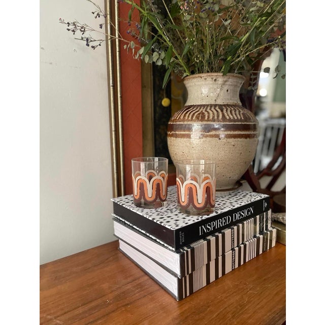 1970s Orange and Brown Groovy Wave Whiskey Lowball Glasses Barware - a Pair For Sale - Image 4 of 8