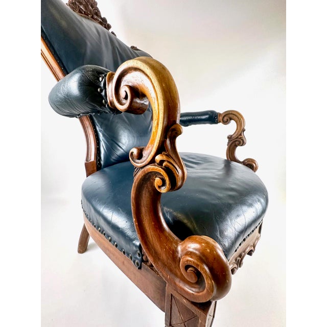 Wood Antique French Armchair in Walnut and Blue Leather, 1890s For Sale - Image 7 of 18