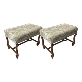 Late 20th Century Upholstered Scroll Leg Benches - A Pair For Sale