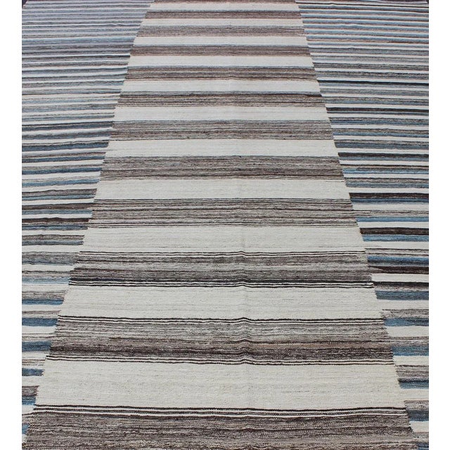 Modern Flat-Weave Large Kilim With Blue Ivory Brown and Charcoal Stripes For Sale - Image 4 of 12