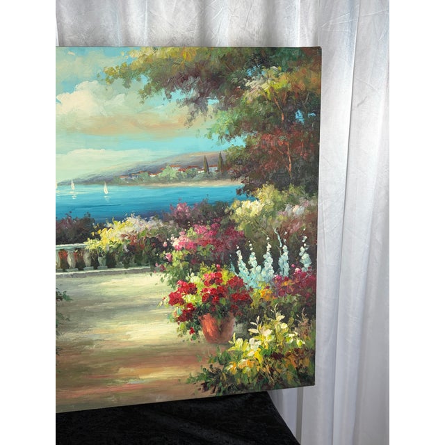 Vintage Italian Lake Como Oil Painting, Large Mediterranean Villa Garden Canvas Art 36" X 24" For Sale In Phoenix - Image 6 of 12
