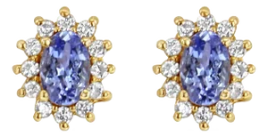 Tanzanite Diamond Halo Studs 14k Yellow Gold, 2 Pieces