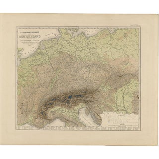Relief Map of Germany and the Alps Showing Rivers and Terrain, 1855 For Sale